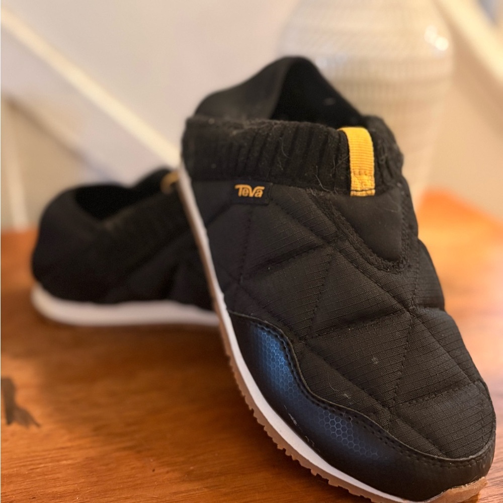Teva Black Quilted Moccasins with Yellow Detail